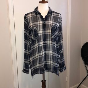 M sheer navy and white button down blouse